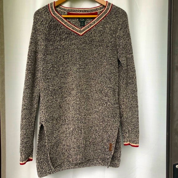 Roots V-Neck Knit Long Sweater with Slits - Picture 1 of 8